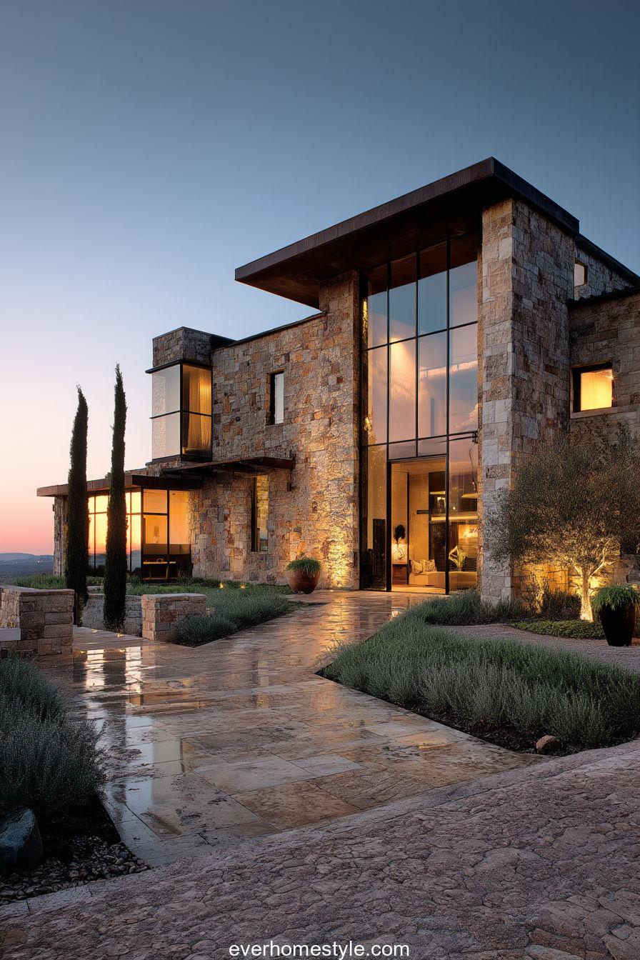 Modern Tuscan luxury home blending stone and glass, minimalist lines, soft sunlight reflections