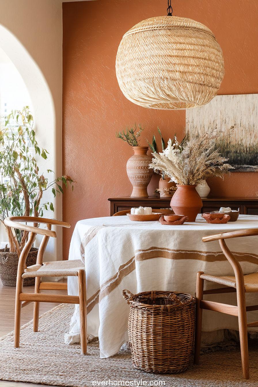 Bohemian Thanksgiving Living Room With Macramé, Rattan Furniture, Terracotta Vases, And Pampas Grass