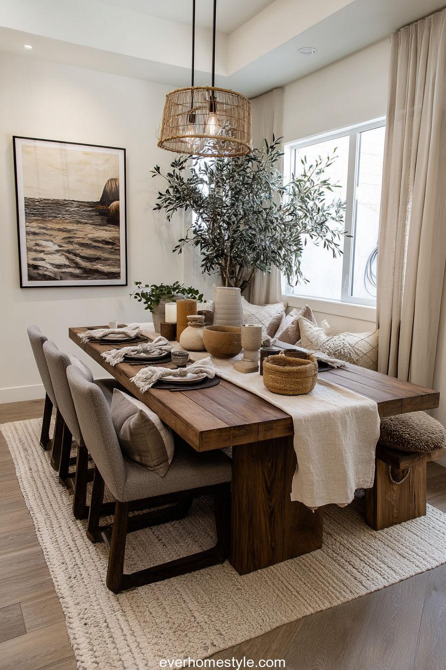 Modern Rustic Dining Space With Neutral Tones, Linen Table Runner, And Earthy Textures