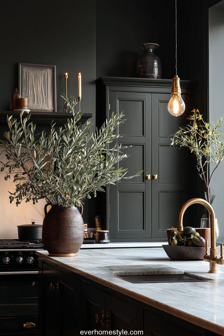 Moody Dark Kitchen With Brass Fixtures, Olive Branches, And Soft Candlelight