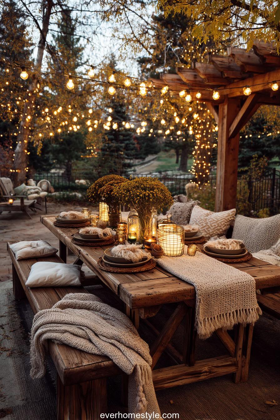 Outdoor Patio Decorated For Thanksgiving Dinner With Fairy Lights, Rustic Wooden Table, Cozy Blankets