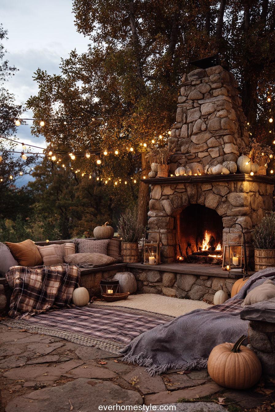 Outdoor Stone Fireplace Setup With Plaid Blankets, Pumpkins, And Glowing String Lights