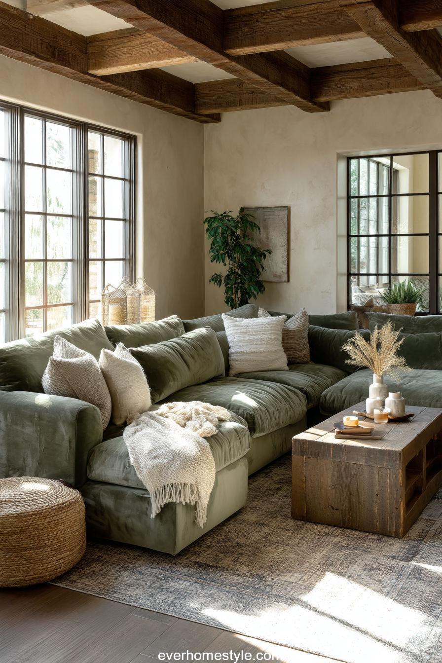 Sage green velvet sofa living room
