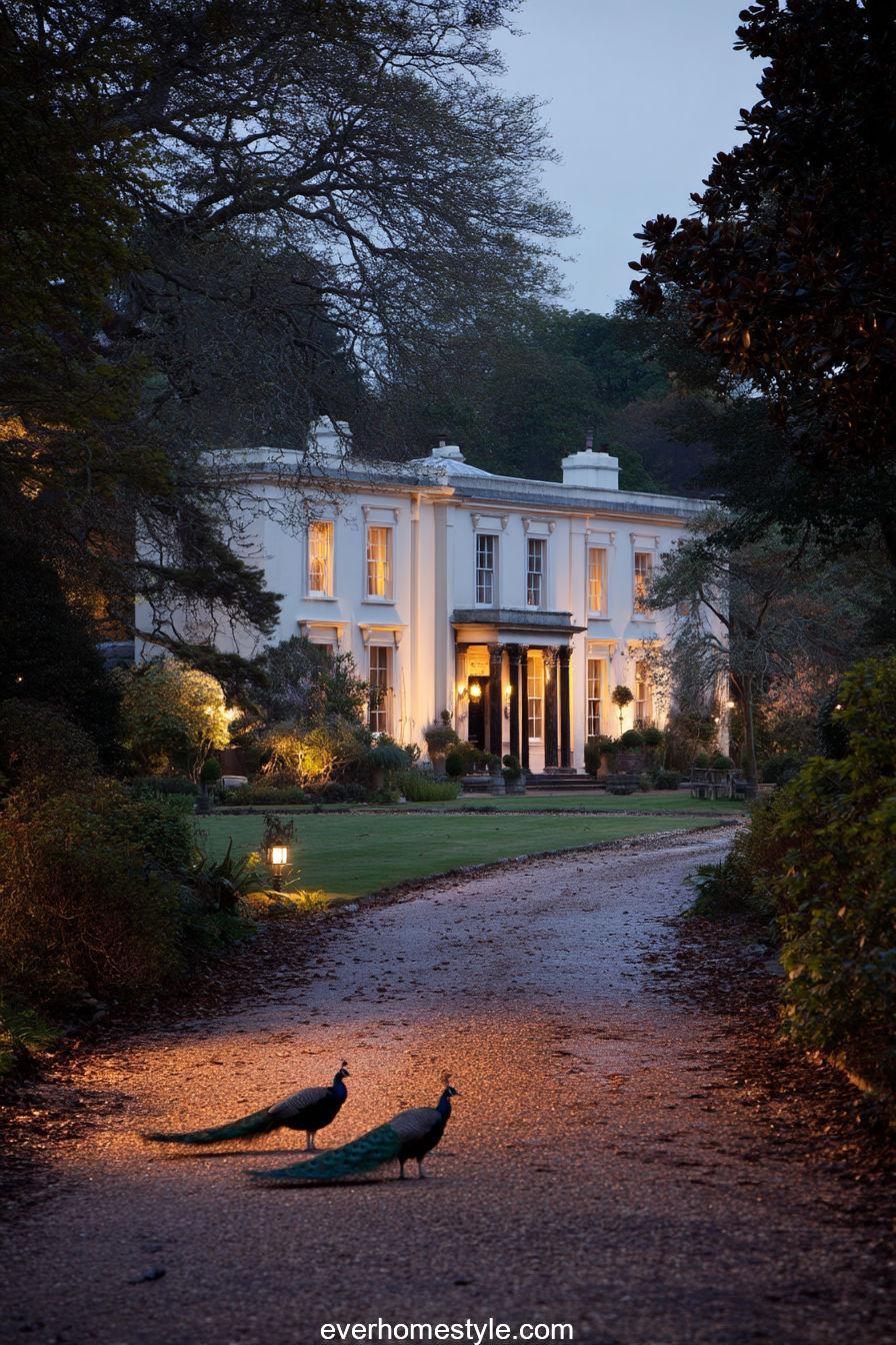 Peacock‑Guarded Mansion at Dusk
