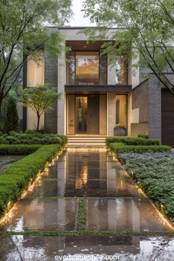 Rainy day modern front yard wet concrete pavers l