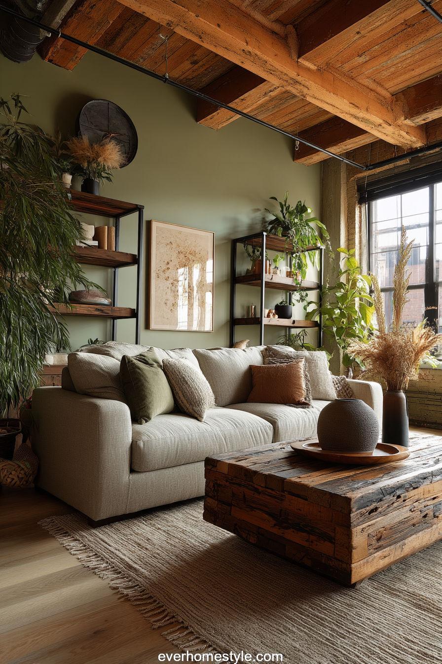 Reclaimed wood living room with sage backdrop