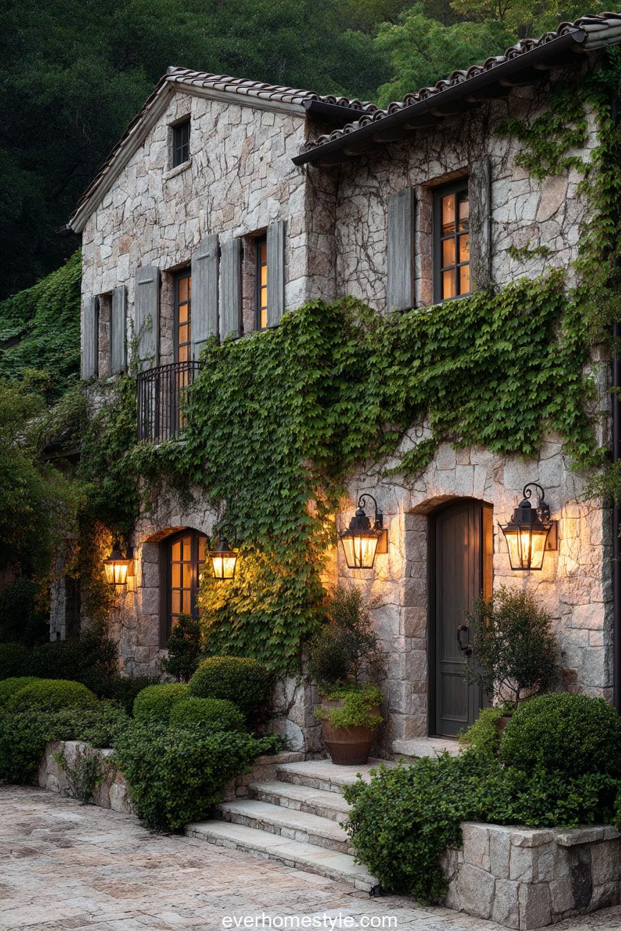 Refined Tuscan home with limestone exterior, cascading vines and antique lanterns glowing subtly