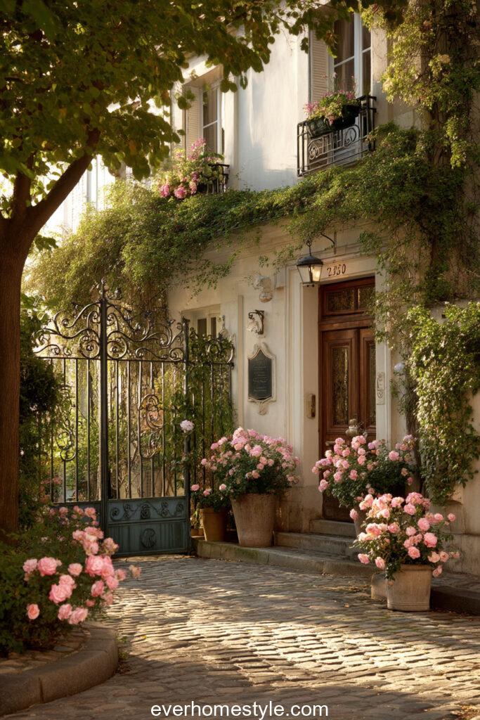 Romantic European style facade with wrought i