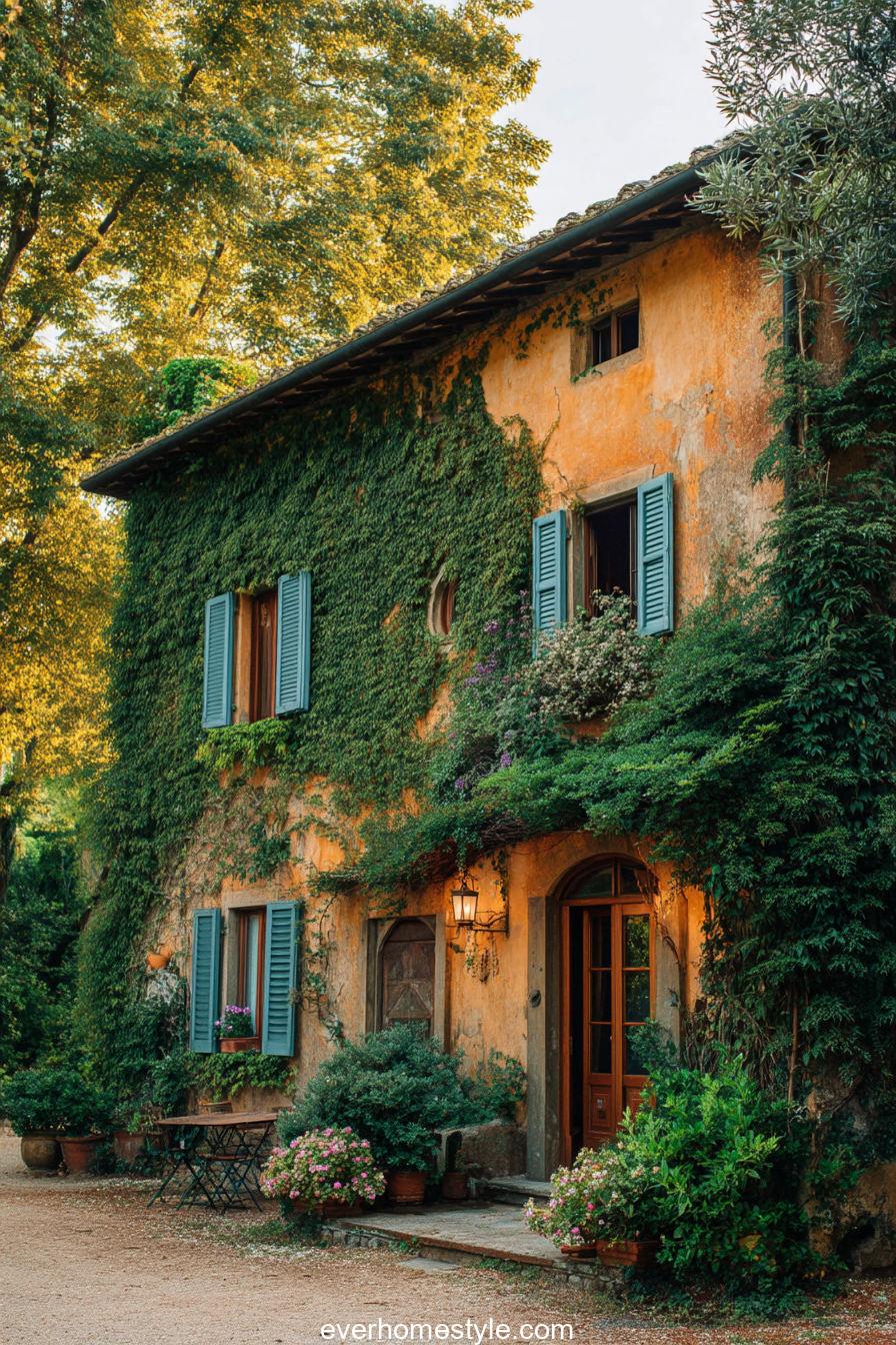 Romantic Tuscan vineyard house with warm ochre tones, climbing ivy, and lush grapevines nearby