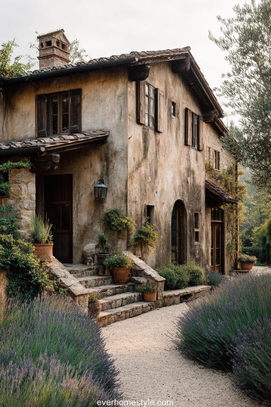 Rustic Tuscan retreat with weathered plaster, dark wooden beams, and a courtyard garden with lavender hedges