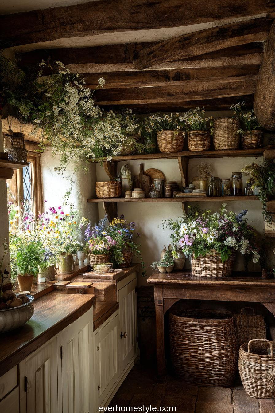 Rustic Barn-style Kitchen Decorated With Wildflowers And Woven Baskets
