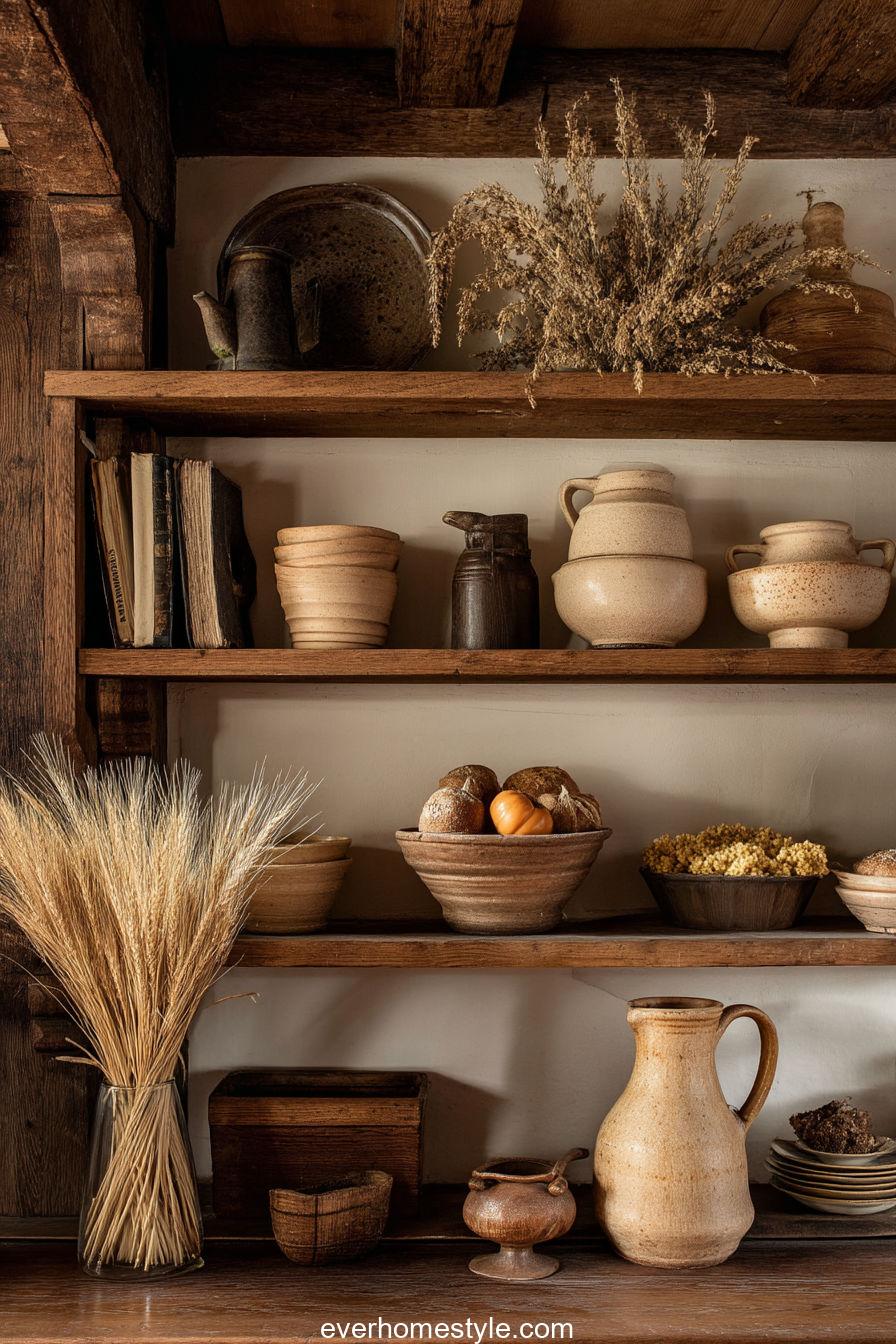 Rustic Kitchen Shelves Filled With Pottery, Wheat Bundles, And Warm Autumn Colors
