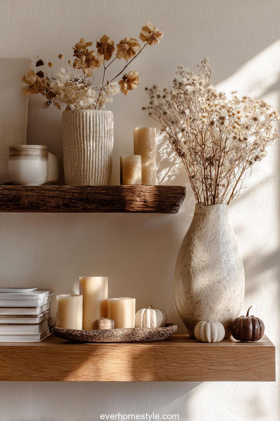 Thanksgiving Bathroom Styling With Dried Eucalyptus, Amber Bottles, And Soft Towels