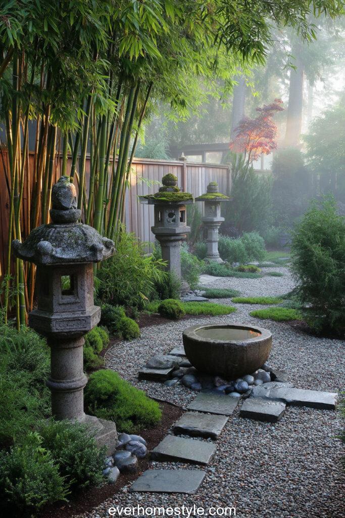 Serene front yard with bamboo stone lanterns