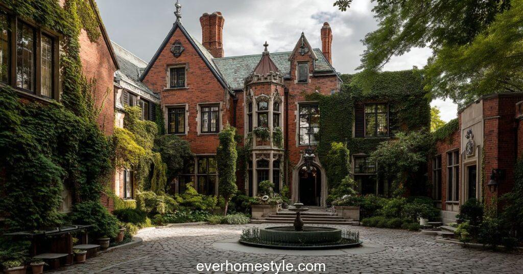 Stately red brick Tudor mansion with decorative turrets
