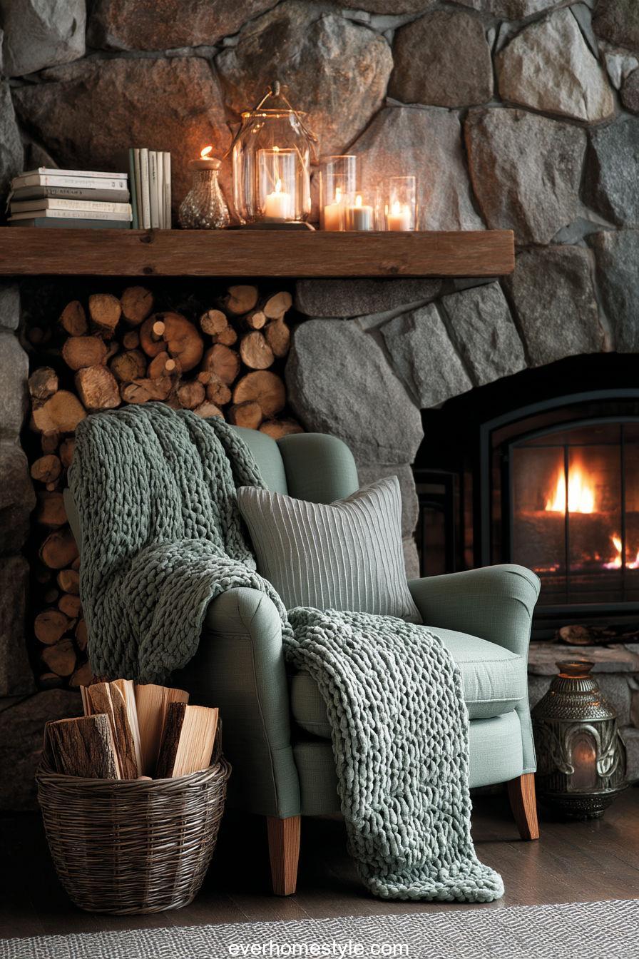 Rustic stone fireplace nook with sage accents