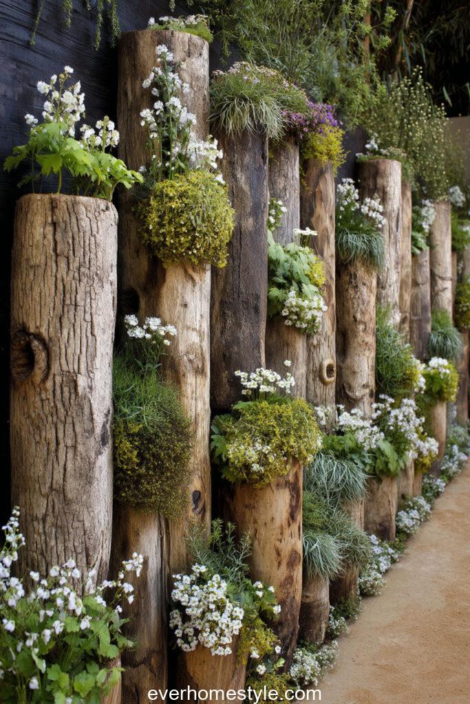 Tall upright logs used as planters for vines