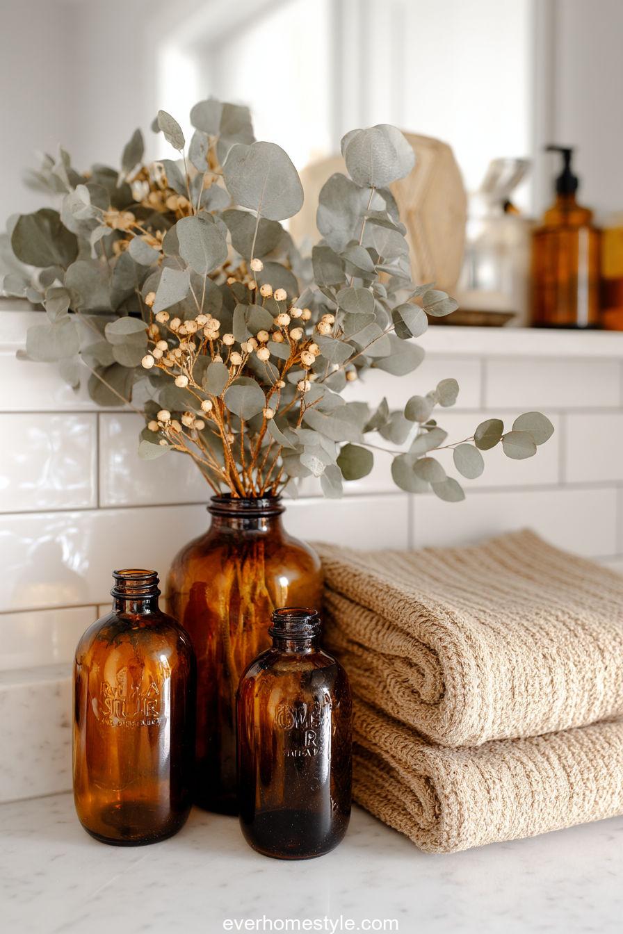 Thanksgiving Shelf Styling With Ceramic Vases, Foliage, And Framed Quotes