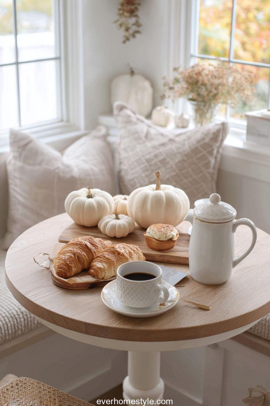 Elegant Thanksgiving Coffee Table Setup With Books, Small Pumpkins, And Dried Floral Arrangement