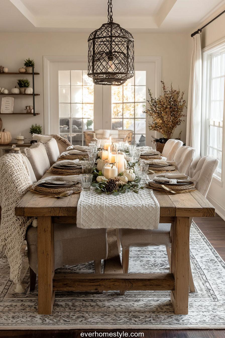 Farmhouse Dining Room Table With Rustic Wooden Tableware, Linen Napkins, Candles, And Pumpkins Centerpiece