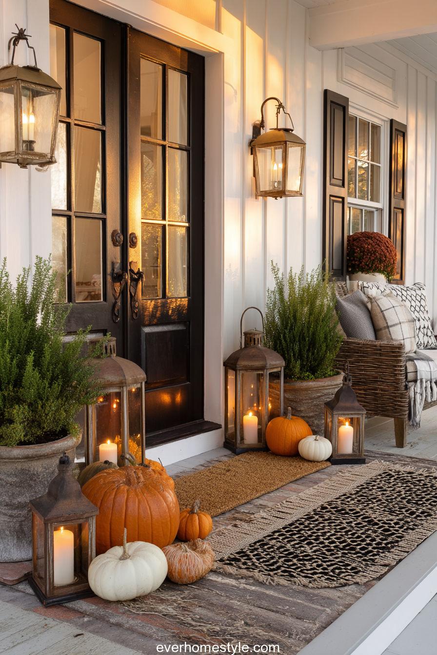 Thanksgiving Front Door At Sunset With Layered Doormats, Pumpkins, And Candle Lanterns