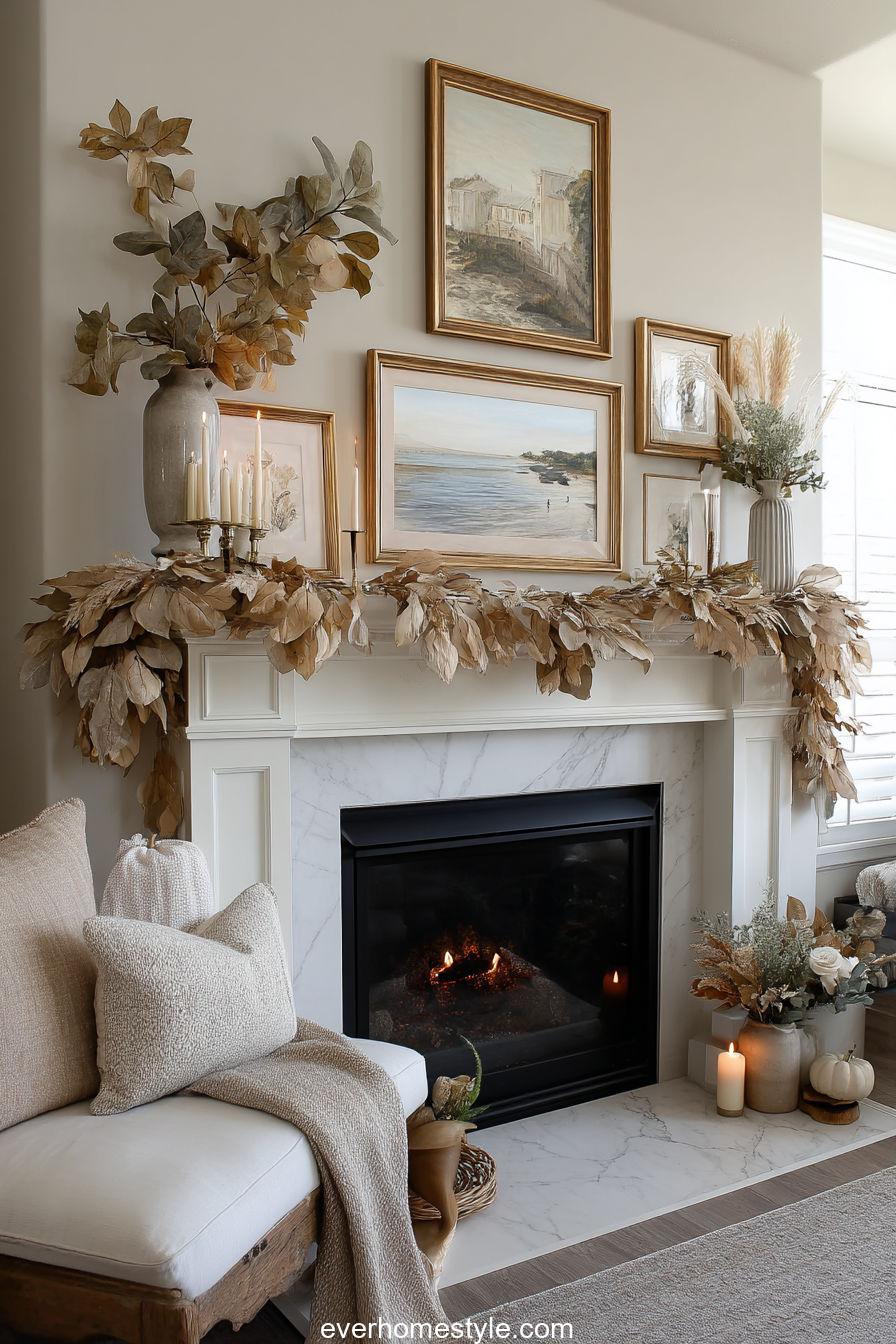 Thanksgiving Mantel Decorated With Asymmetrical Dried Leaf Garland, Candles, And Framed Art