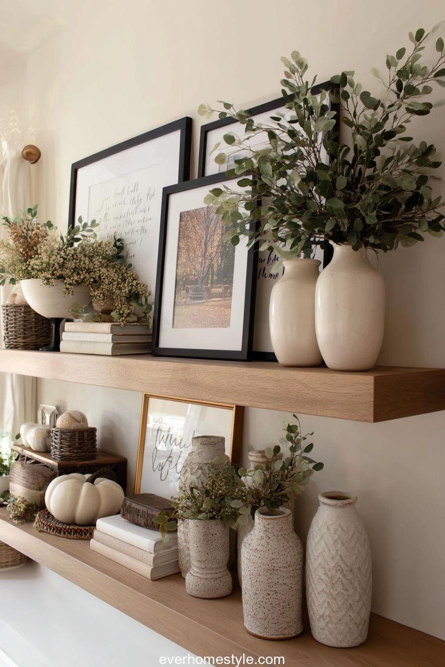 Modern Entryway Styled For Thanksgiving With Minimalist Console Table, Ceramic Vases, And Wheat Bouquet In Muted Brown Palette