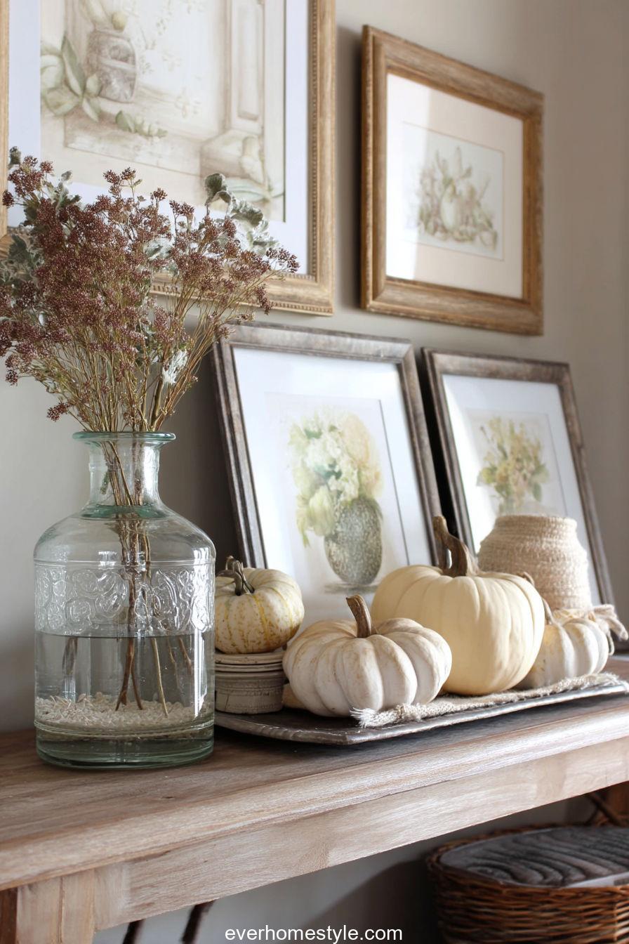 Thanksgiving Vignette On Console Table With Glass Vase, Mini Gourds, And Vintage Frames