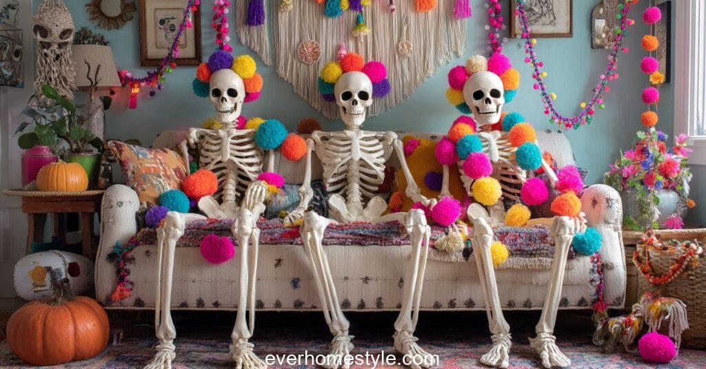 Three full size skeletons sitting on a sofa halloween home decor