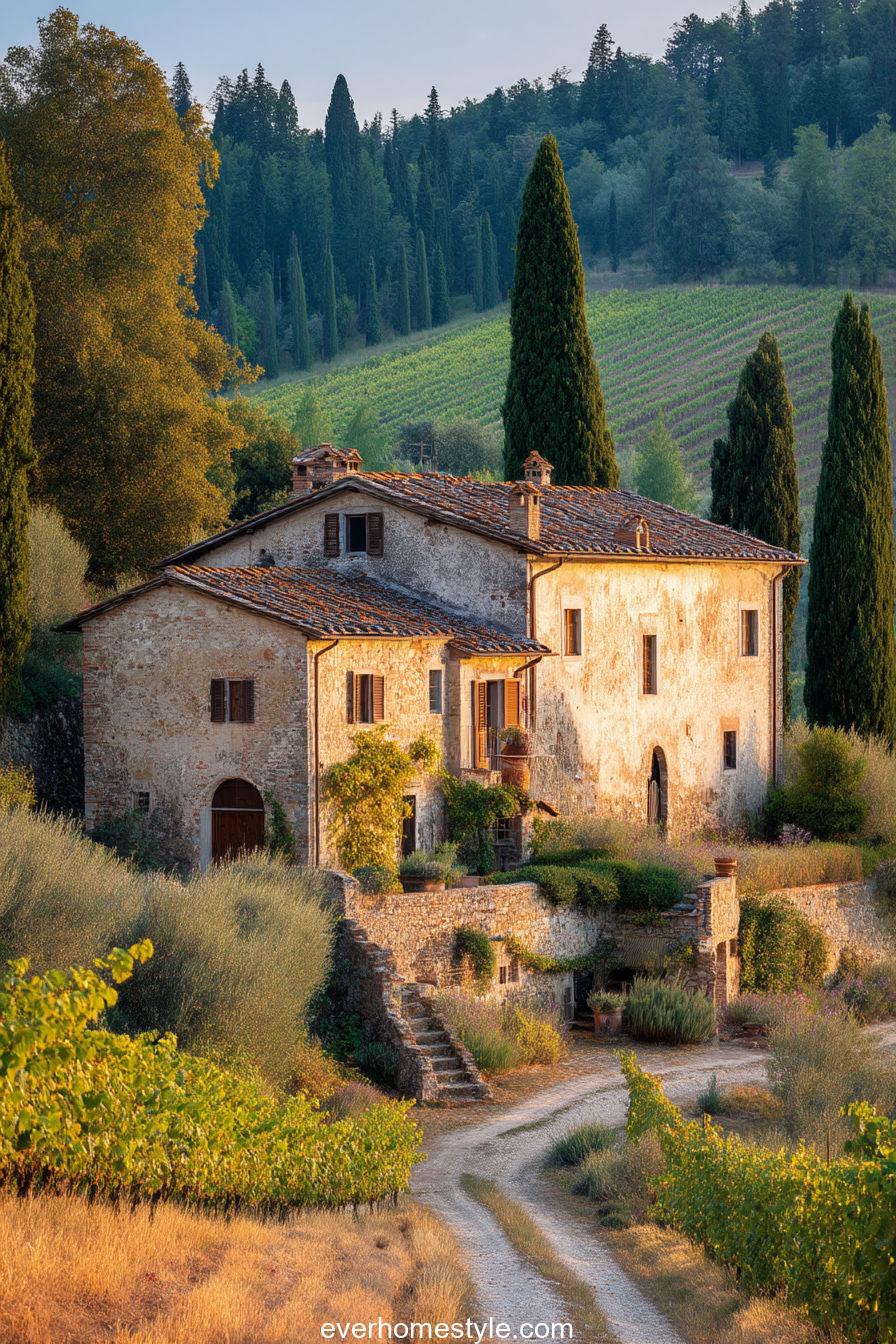Traditional Tuscan farmhouse with weathered stone walls, clay roof, vineyard in background, gentle sun glow