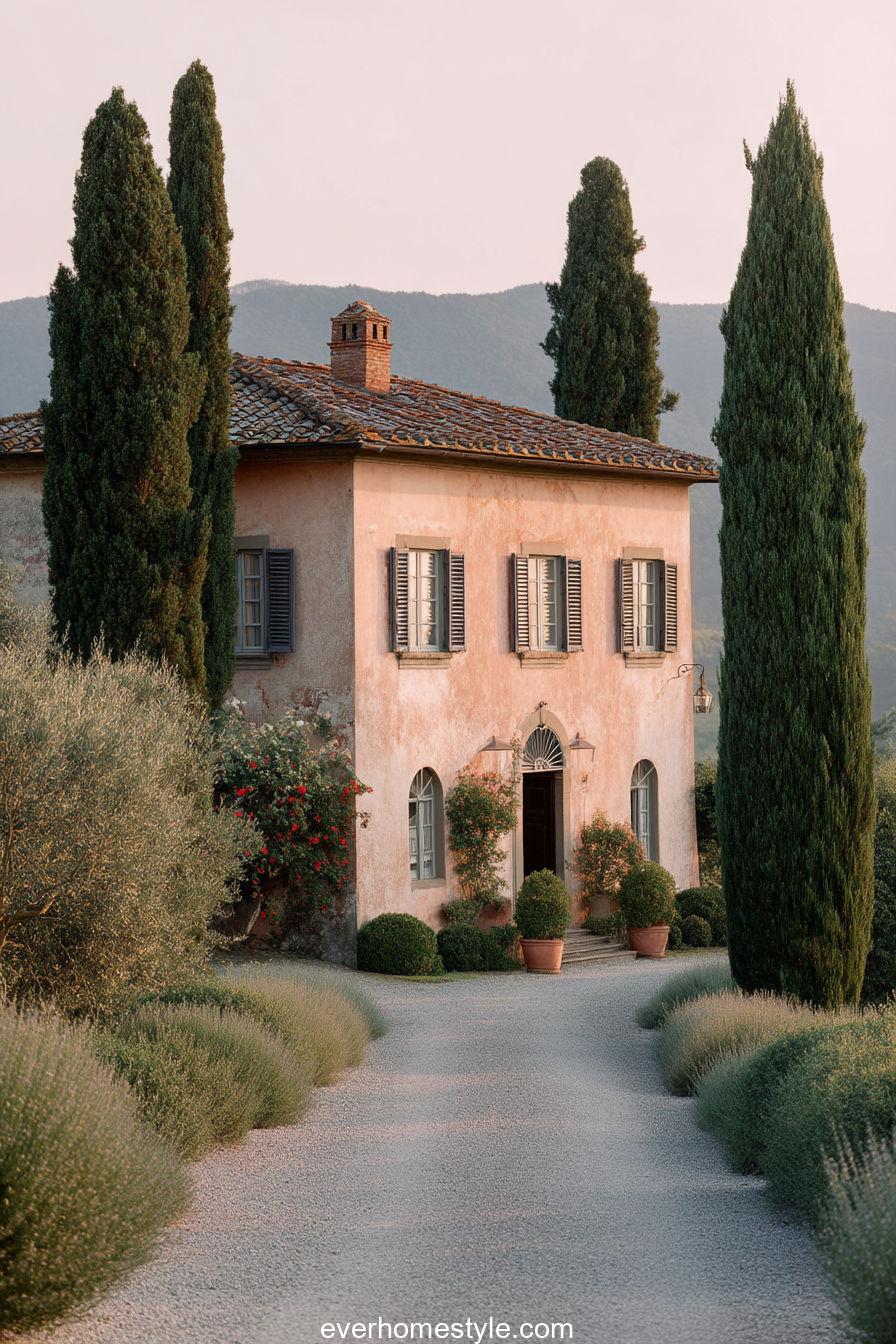Traditional Tuscan villa beside cypress alley, terracotta roof, pastel stucco, subtle morning light