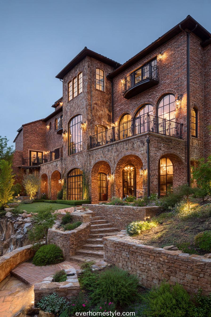 Tuscan hillside mansion with brick exterior, sprawling gardens, and arched balconies