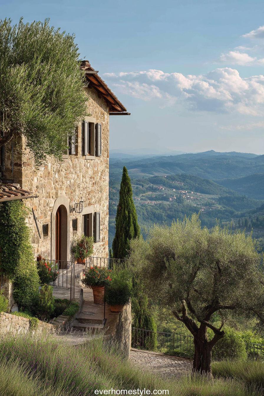 Tuscan hillside residence with panoramic view, sand-colored stone façade, small terrace, and olive grove below