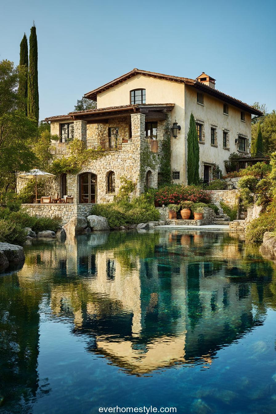 Tuscan lakeside house with cream stucco, stone terrace, and serene reflection in calm blue water