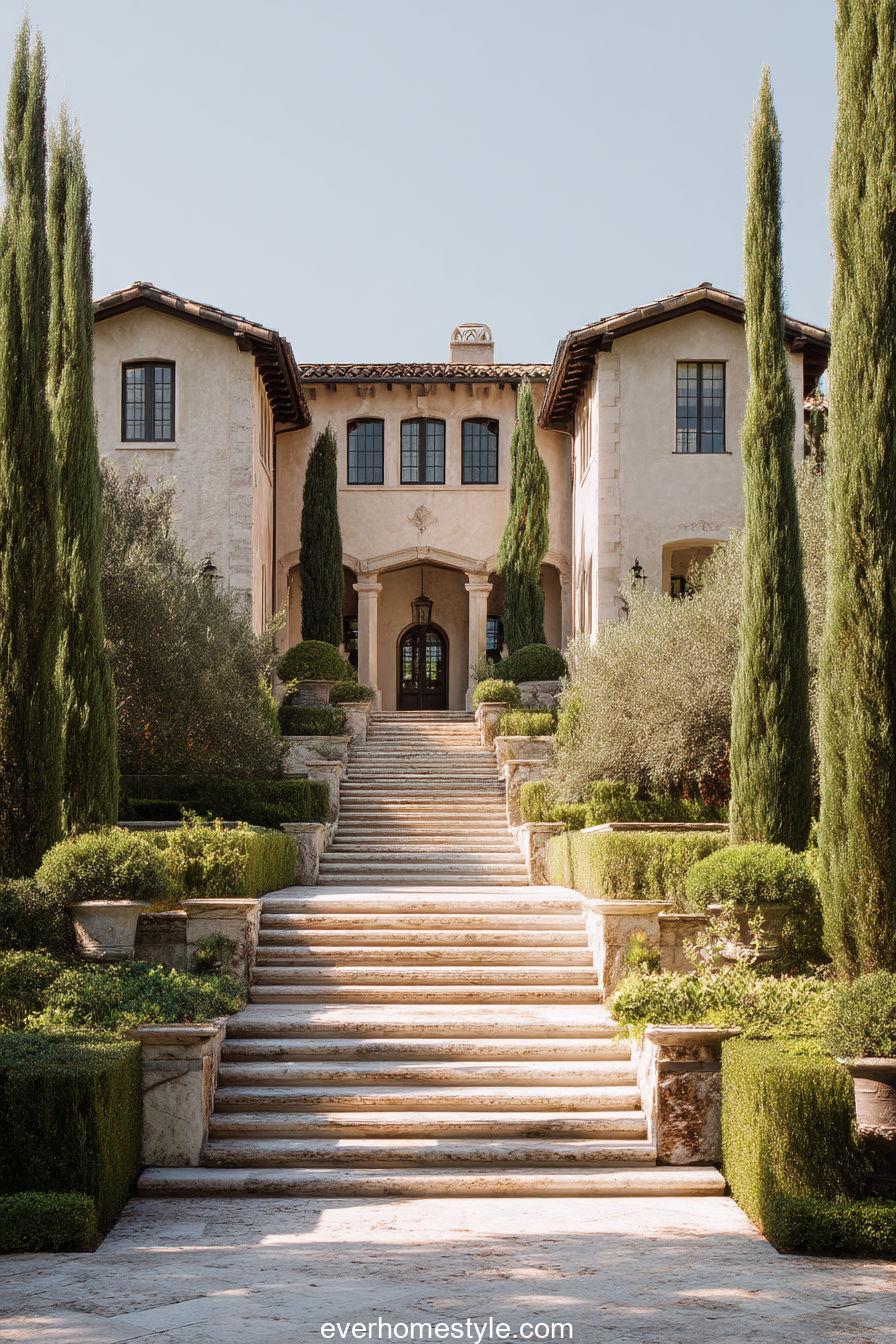 Tuscan luxury estate with symmetrical façade, tall cypress alley, marble steps and muted beige tones under clear sky