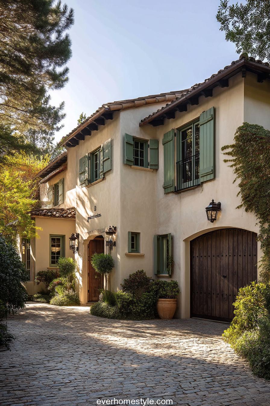 Tuscan residence with cream stucco walls, olive-green shutters, and cobblestone driveway