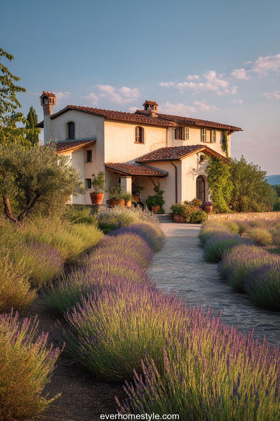 Tuscan villa nestled in lavender fields, light cream stucco, warm summer haze, natural lighting