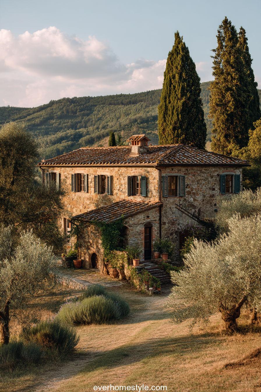 Tuscan villa surrounded by olive orchards, weathered shutters, and rustic roof under soft afternoon sun