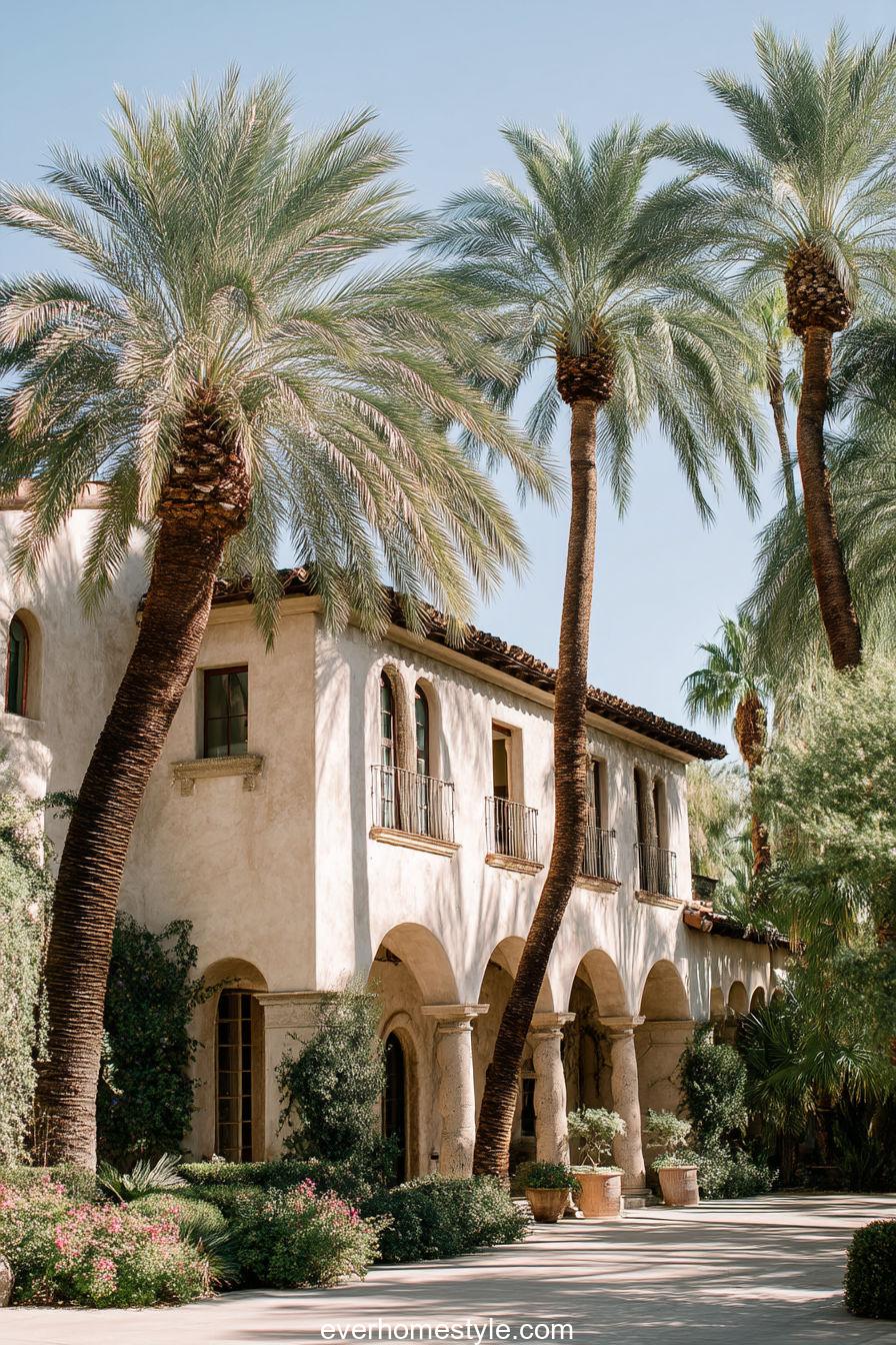 Tuscan villa with stucco façade, arched verandas, soft cream tones, palm trees swaying under daylight