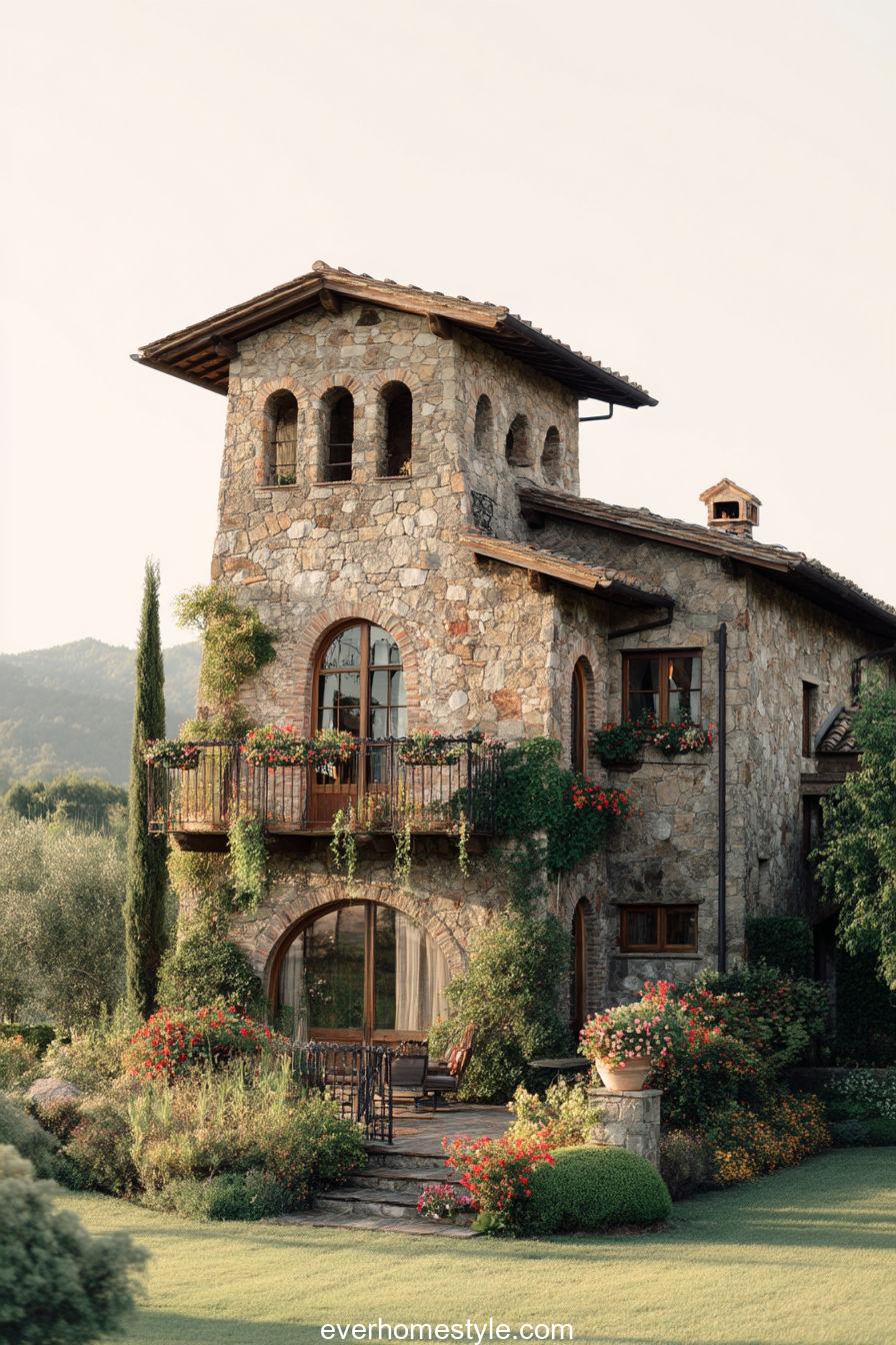 Tuscan villa with tower-like structure, arched windows, floral balcony and gentle countryside breeze