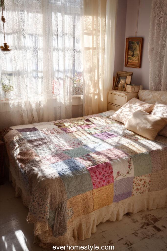 Vintage bedroom with handmade patchwork quilt on