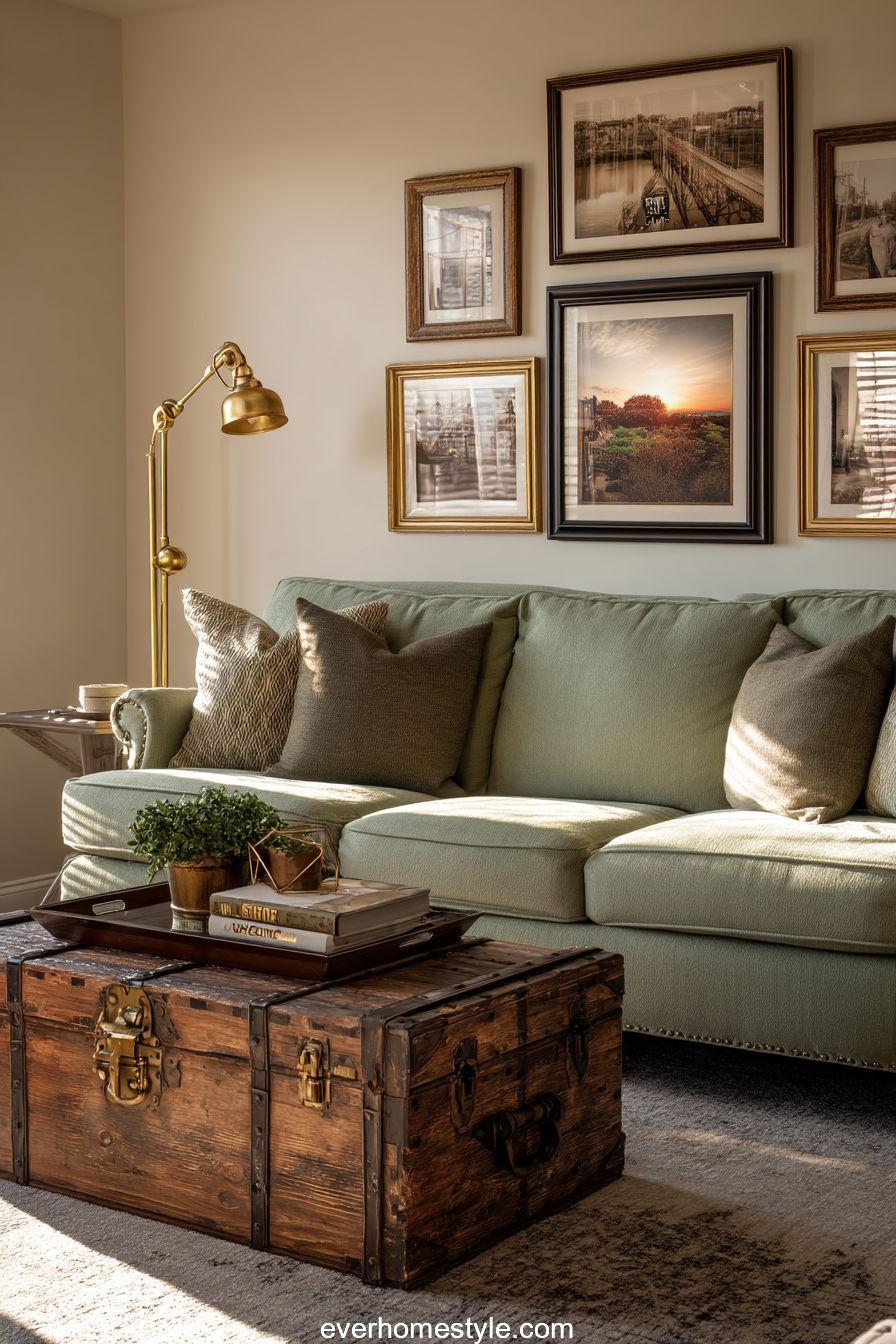 Vintage rustic sage green living room