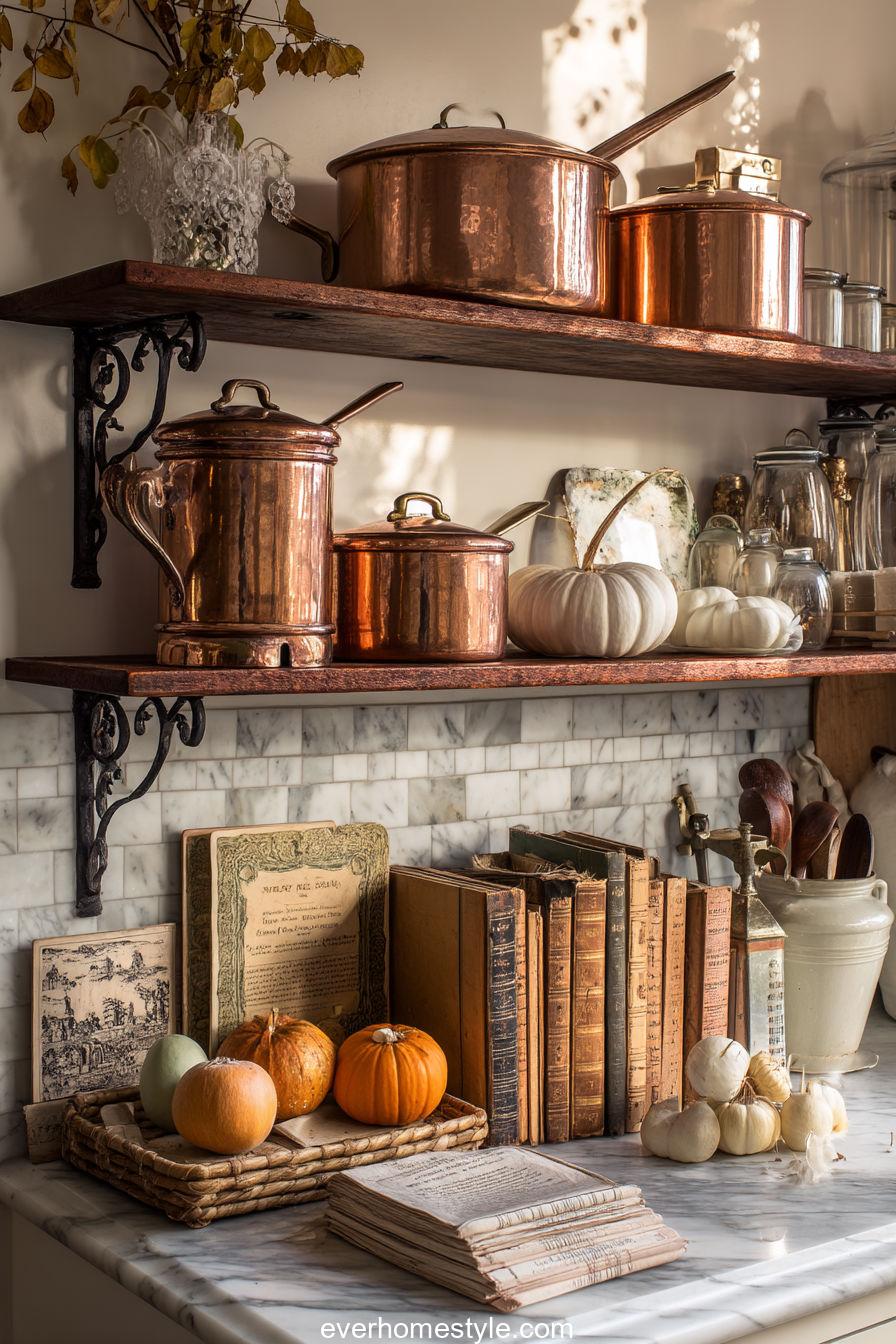 Vintage Kitchen Shelves Styled With Copper Pots, Old Recipe Books, And Small Pumpkins