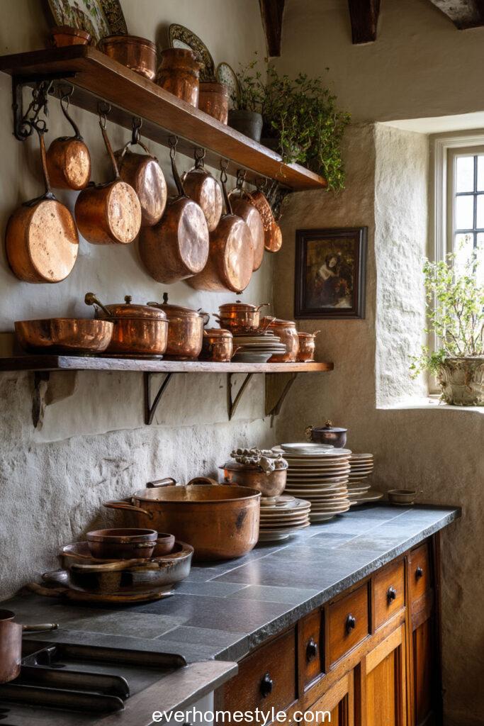 Warm English cottage kitchen with hanging copper