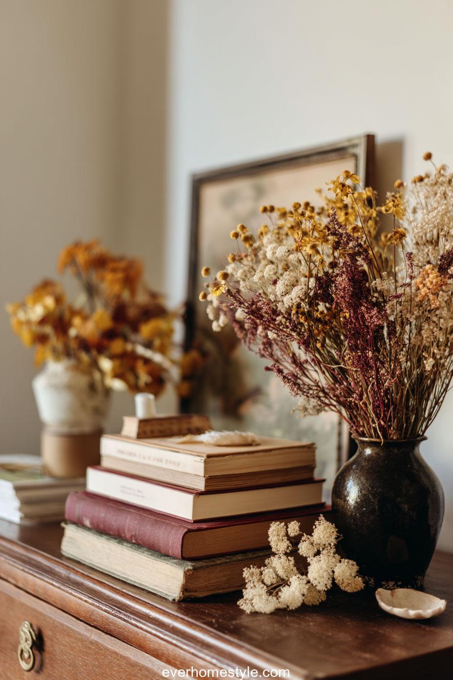 Scandinavian-inspired Living Space With Neutral Palette, Dried Florals, Candles On Oak Shelf, Subtle Thanksgiving Details