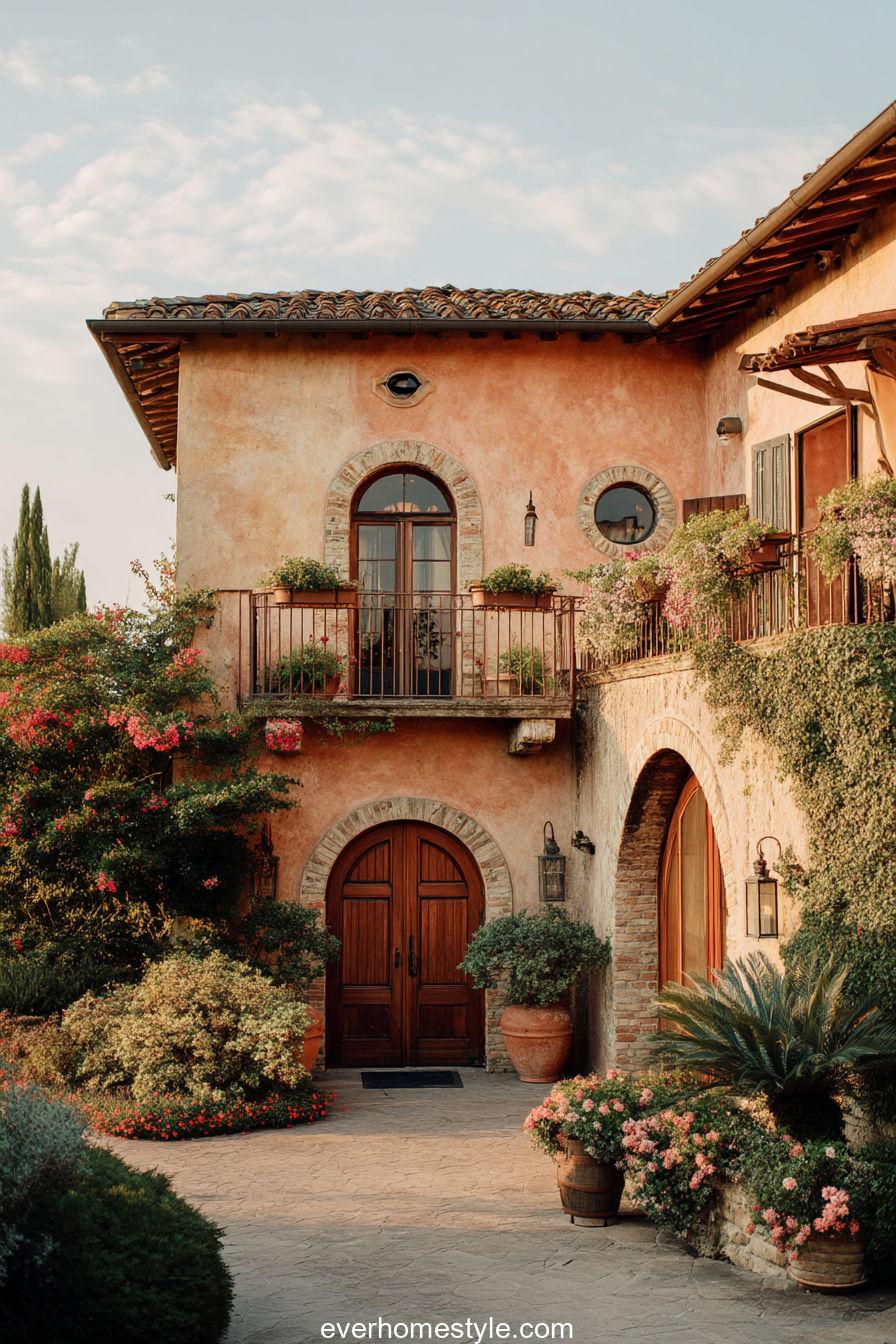 Warm-toned Tuscan villa with round-arched doors, balcony garden and soft pastel sky