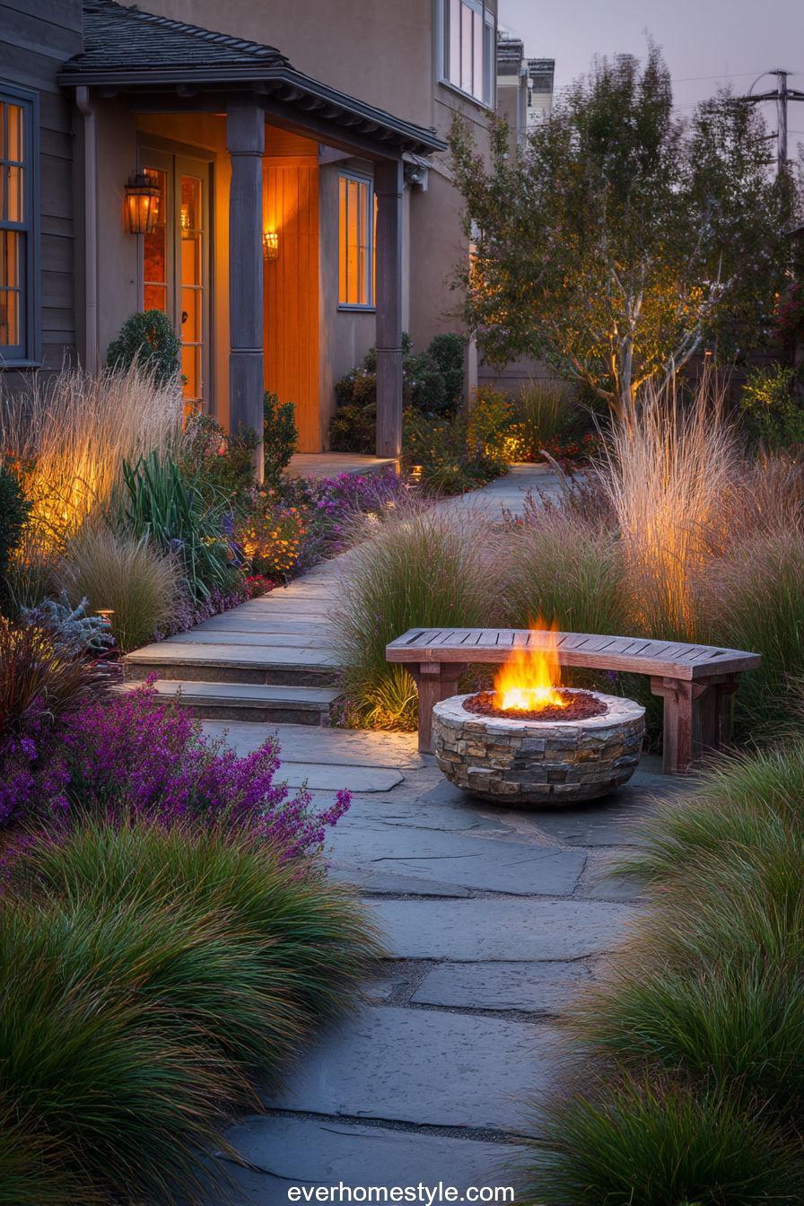 7. Cozy Front Garden with Fire Feature