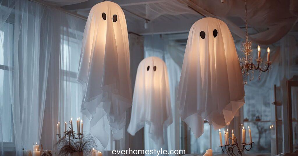 White fabric ghosts floating mid air Halloween decor