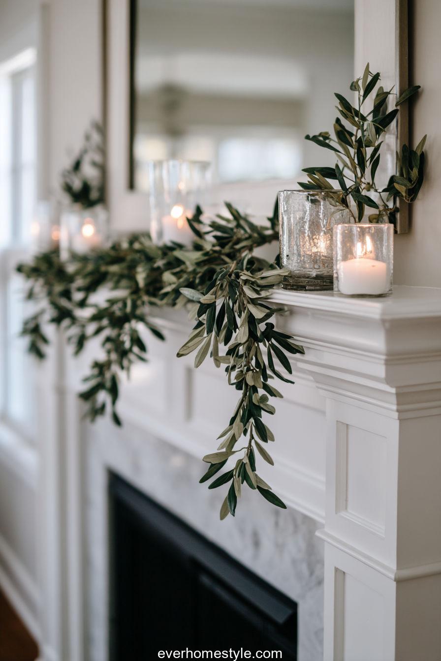 White Minimalist Mantel With Single Garland Of Olive Branches And Candles In Glass Holders