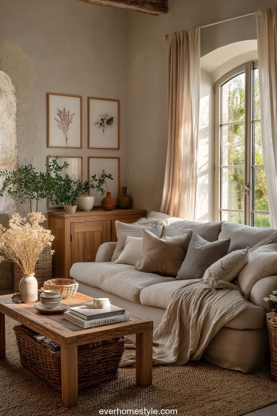 8. Layered Beige Earthy Cottage Lounge